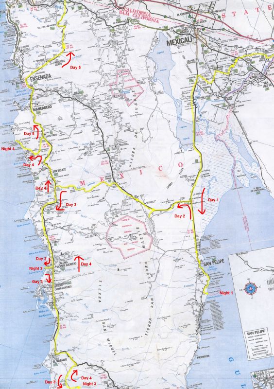 Roadmap of Baja California showing route