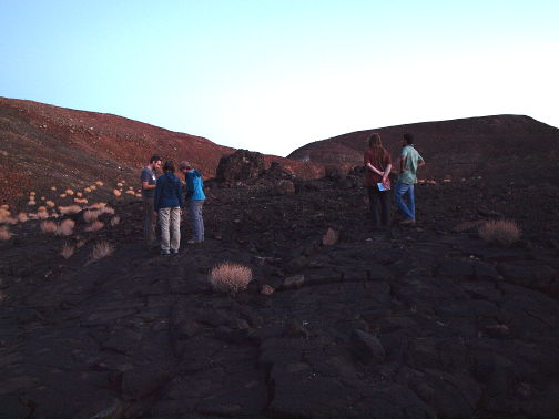 People standing on old lava surface