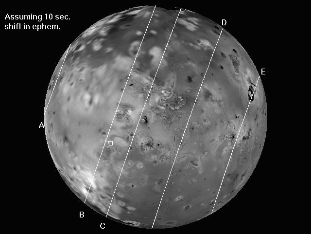 Orthographic map of Io showing possible hotspot locatons